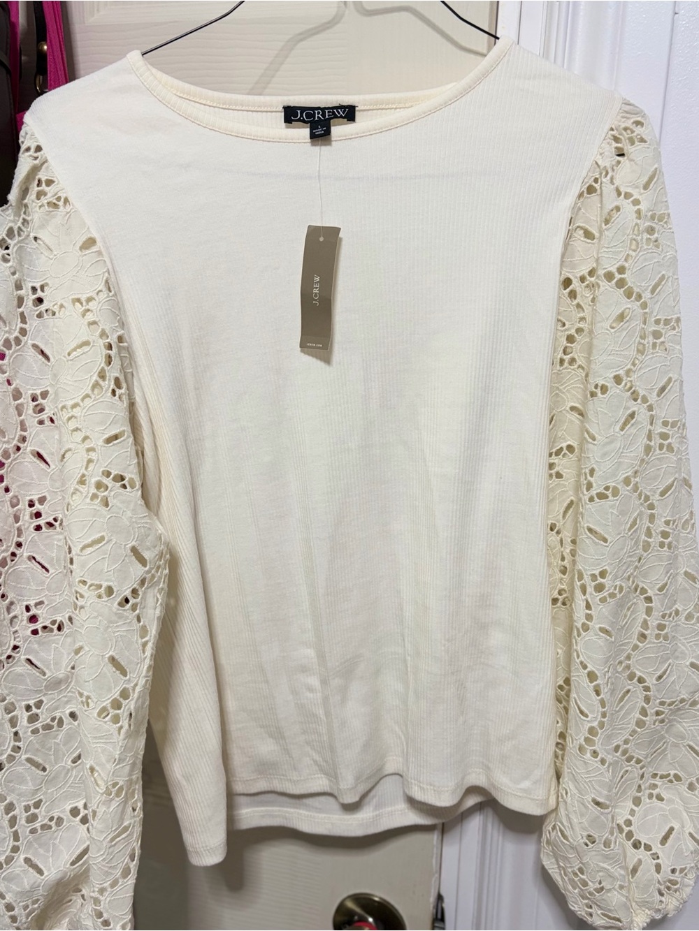 J. Crew Cream Long-Sleeve Lace-Sleeve Tee